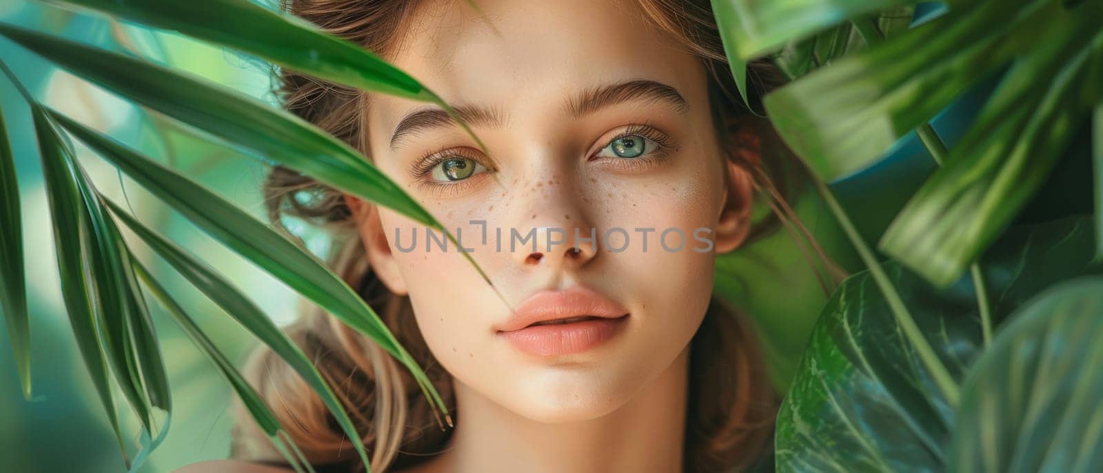 Sheltered by lush greenery, a young girl's captivating green eyes reflect a serene tropical oasis. Her gaze is as inviting as the natural world embracing her