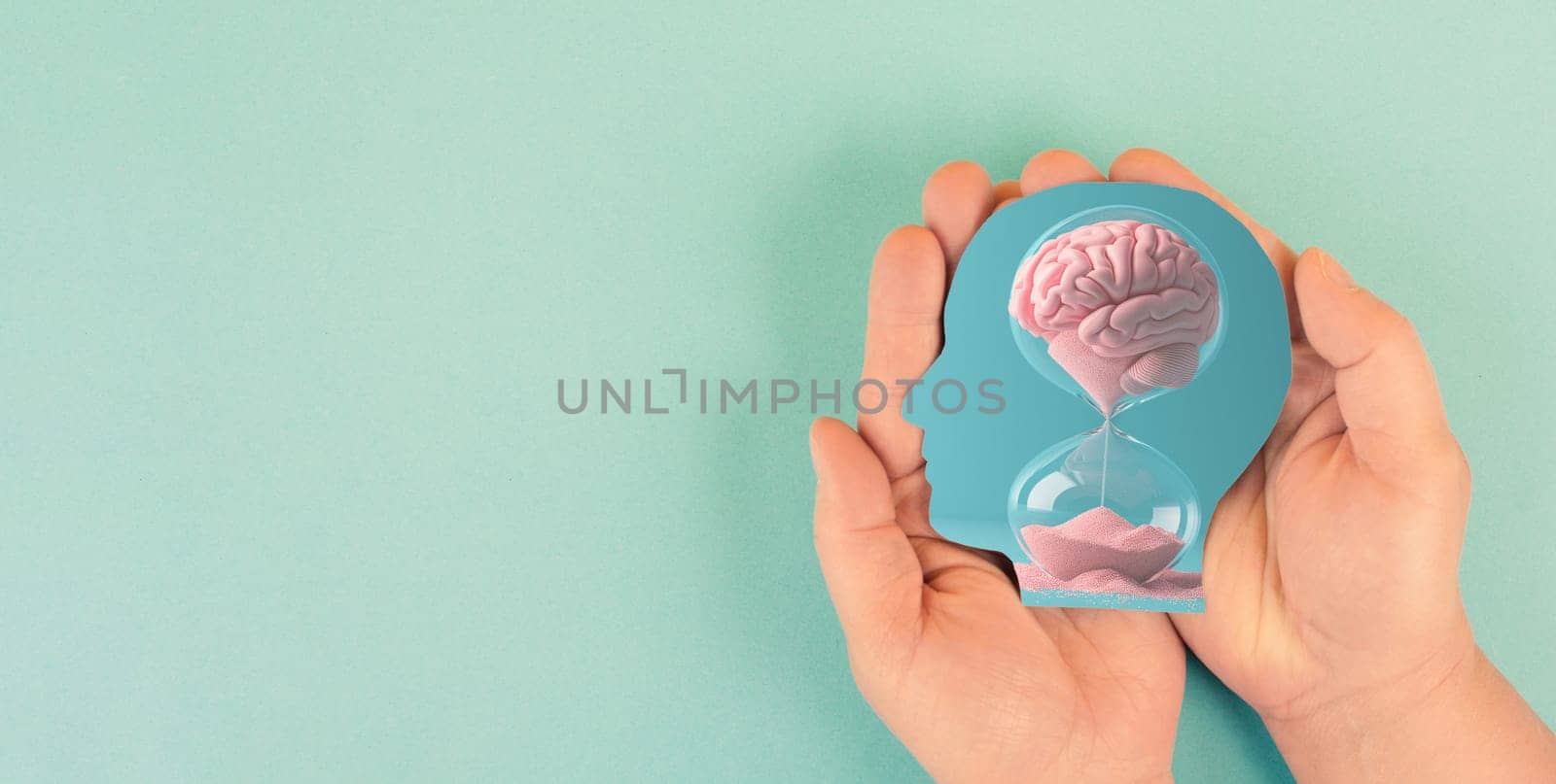 Human mind, mental health and psychology concept, dementia or Alzheimer disease, brain memory loss, lifetime running through hourglass