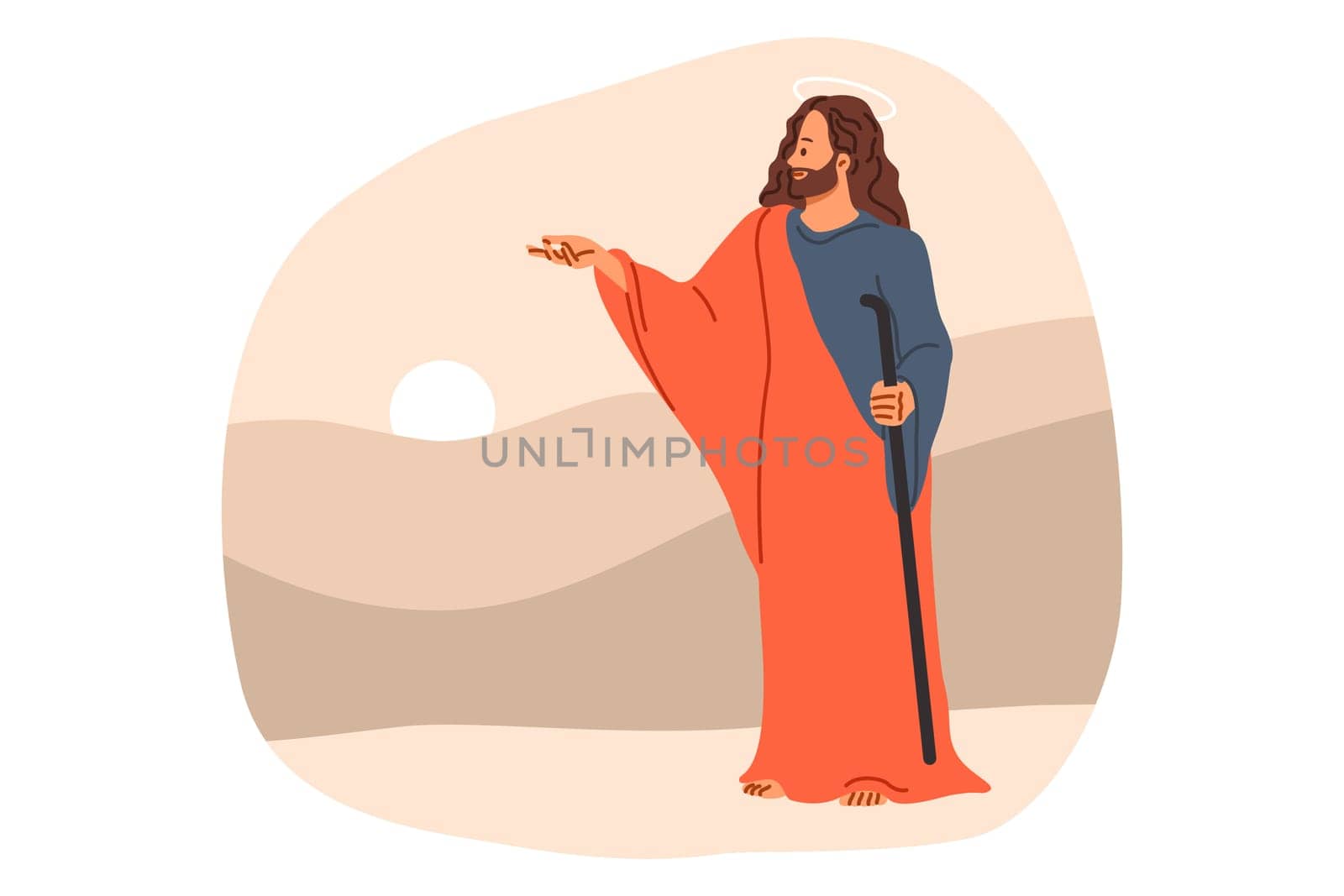 Jesus christ from bible and christian religion, stands near hills and sunset, giving parting words to followers. Messiah of catholic faith, jesus with kind expression on face extends hand forward