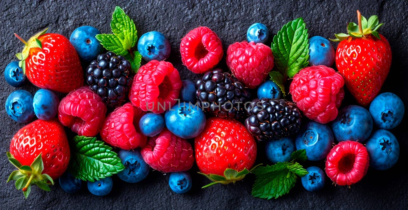 Fresh strawberries and blueberries AI generated image