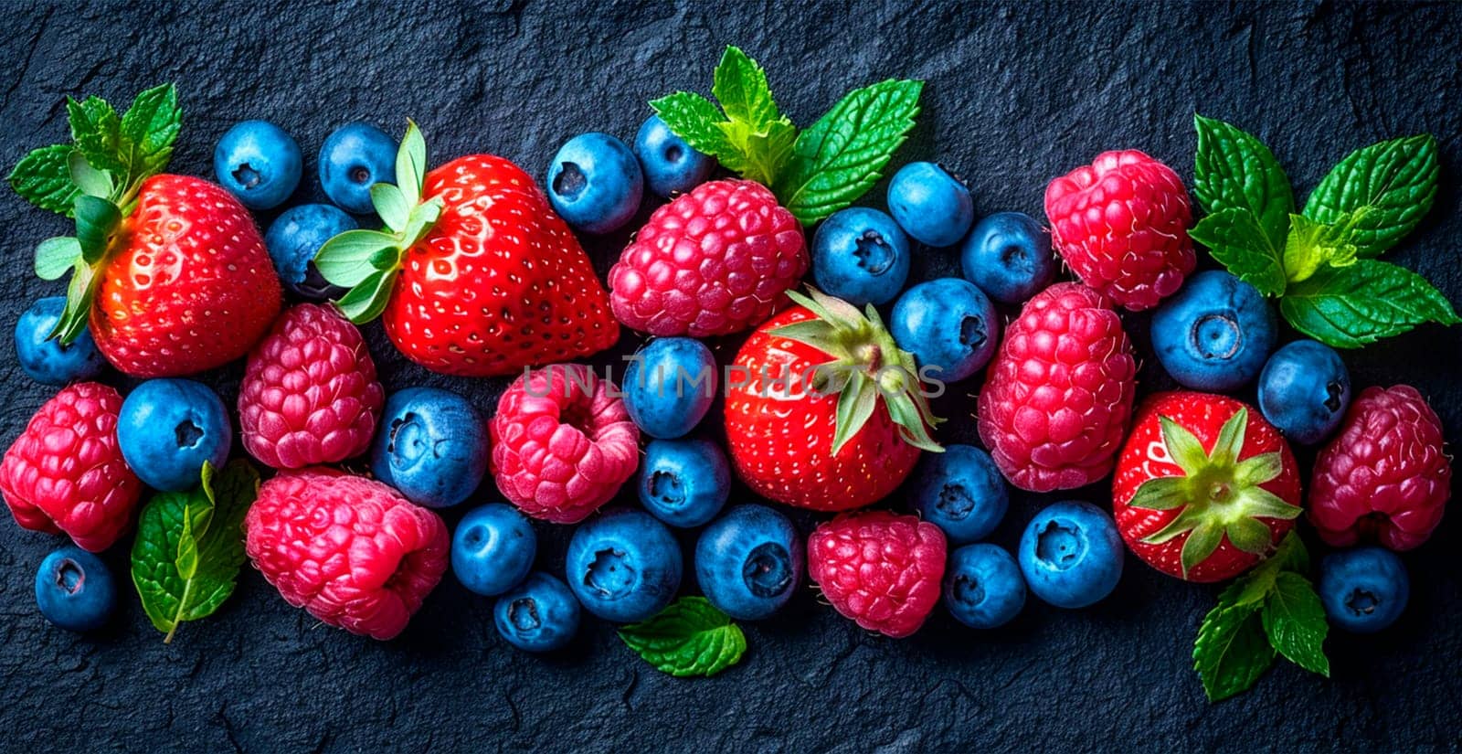 Fresh strawberries and blueberries AI generated image