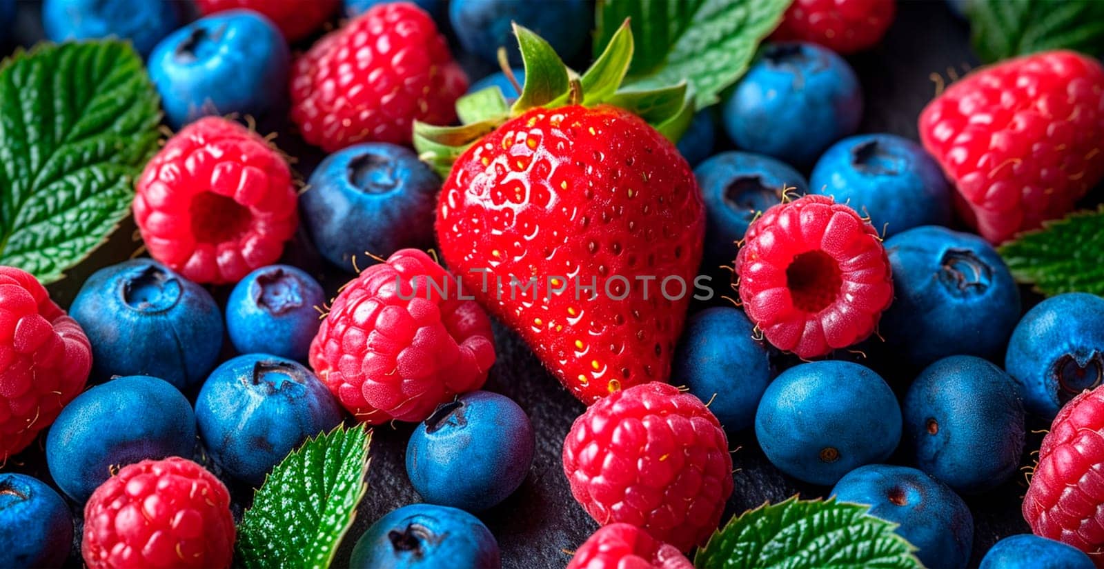 Fresh strawberries and blueberries AI generated image