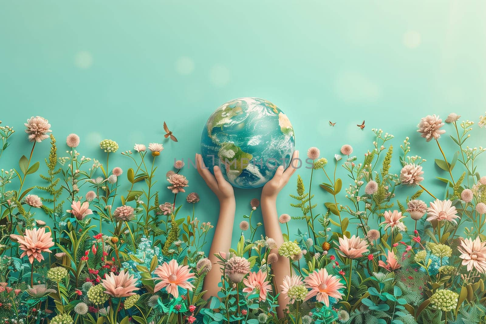 Hand holding planet earth surrounded by flowers, green deal, protect nature, sustainable lifestyle, ecology and environment