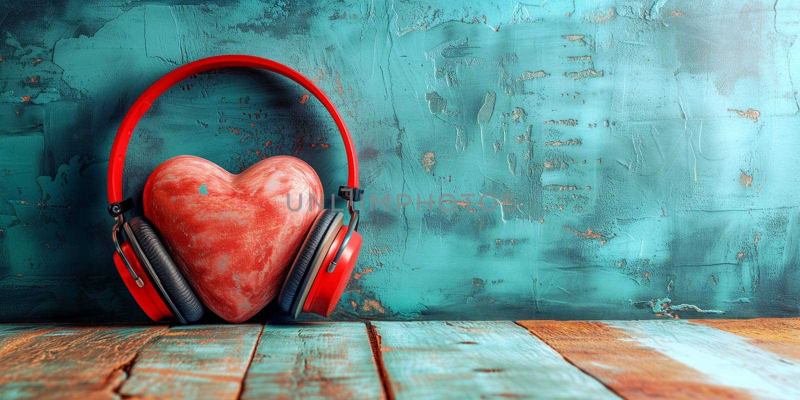Red heart with headphones, world music day, listening to global sound and acoustic wave, love and emotion