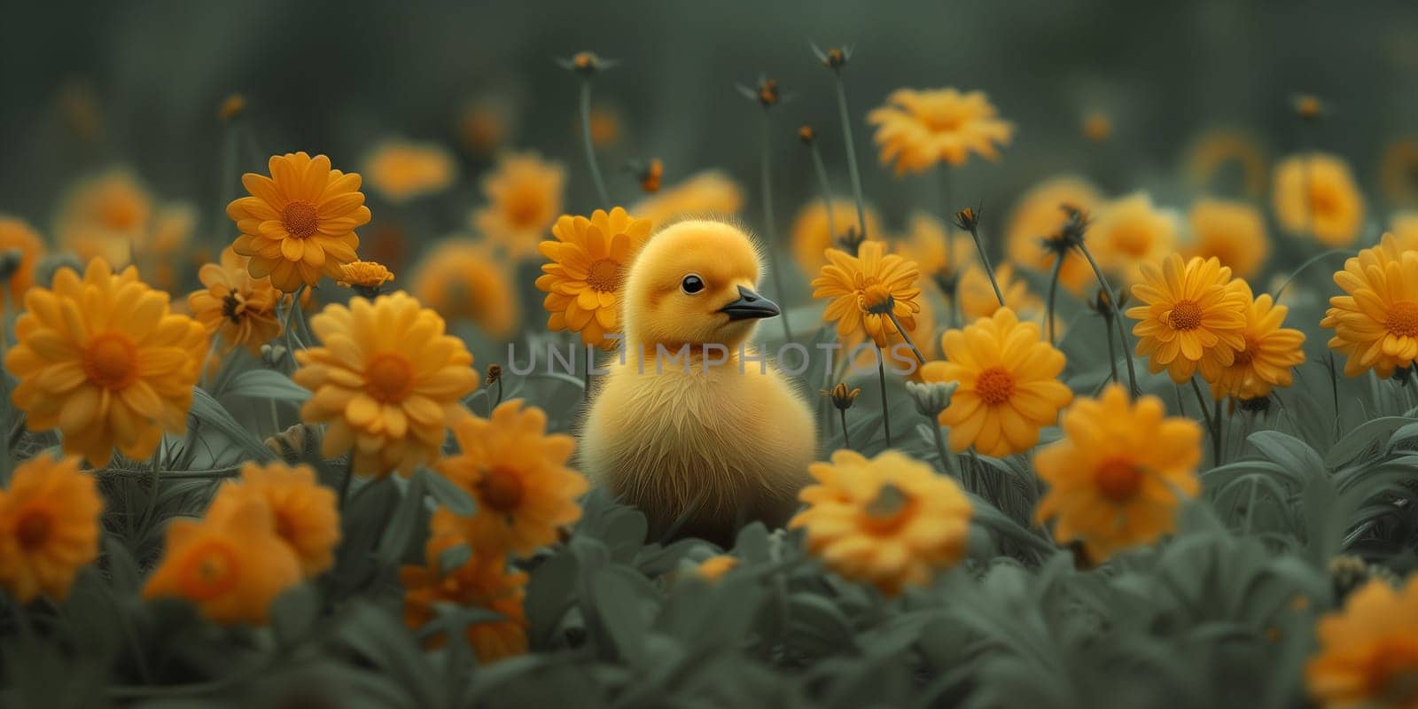 Easter chick, spring meadow with colorful flowers, holiday greeting card