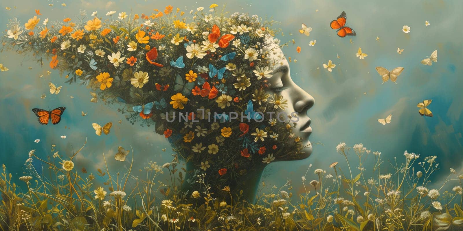 Human mind with flowers, positive thinking, creative brain, self care and mental health concept, woman with spring blossoms