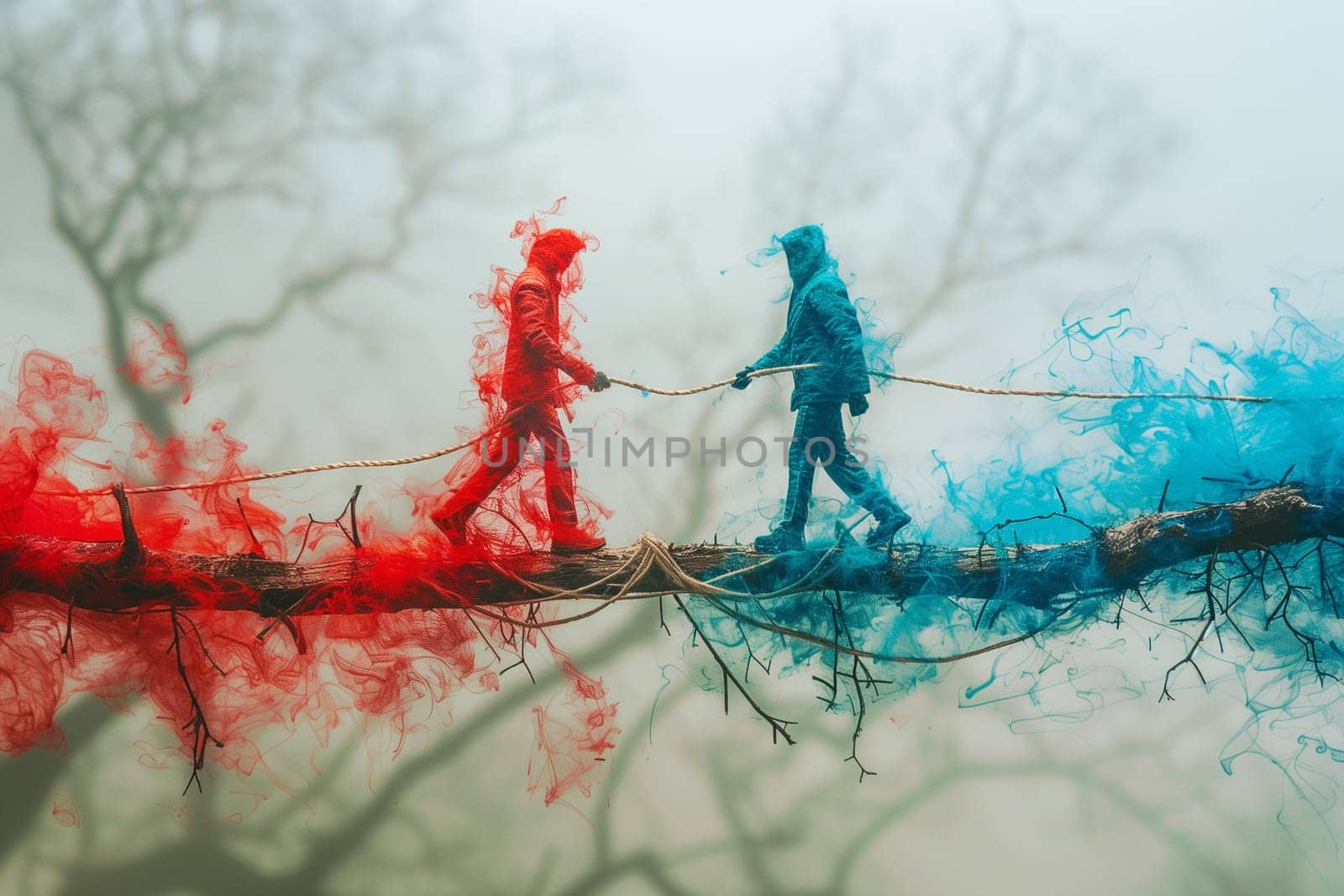 Psychology and mental health stability, state of mind, emotional intelligence, man balance on a thin rope, decision and opportunity, think different, divided personality