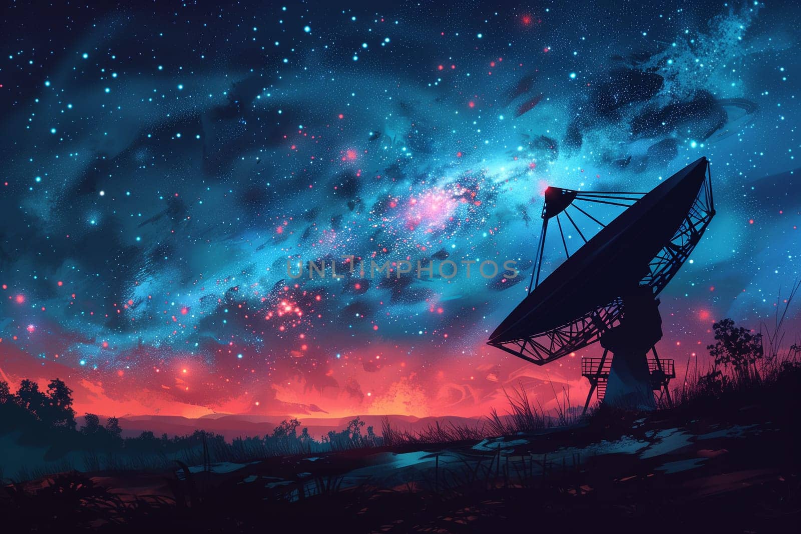 Radar radio telescope with antennas, satellite dish for space observatory, sending signals to the night sky