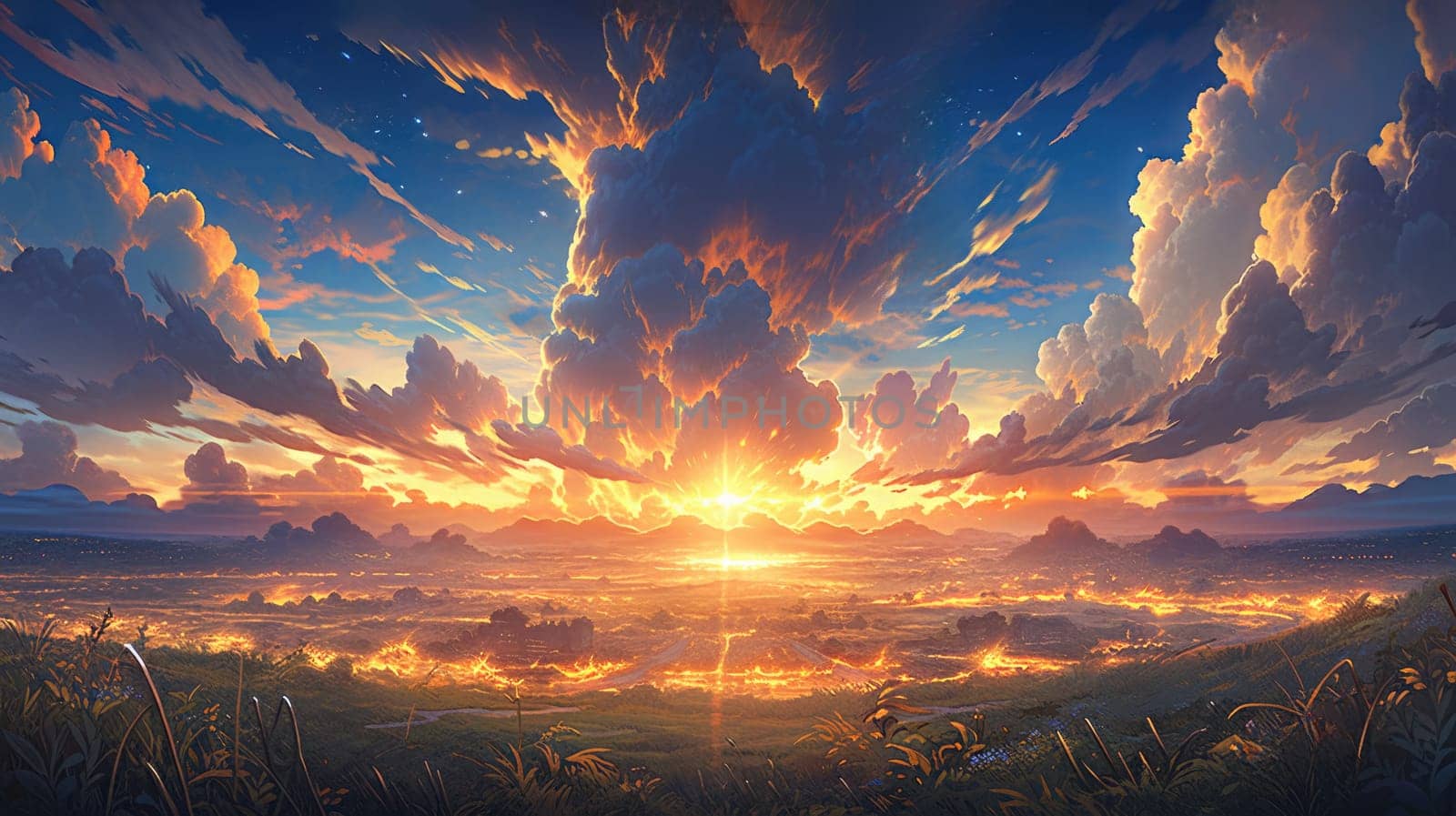 anime concept sky sunset landscape background eclipse, ai