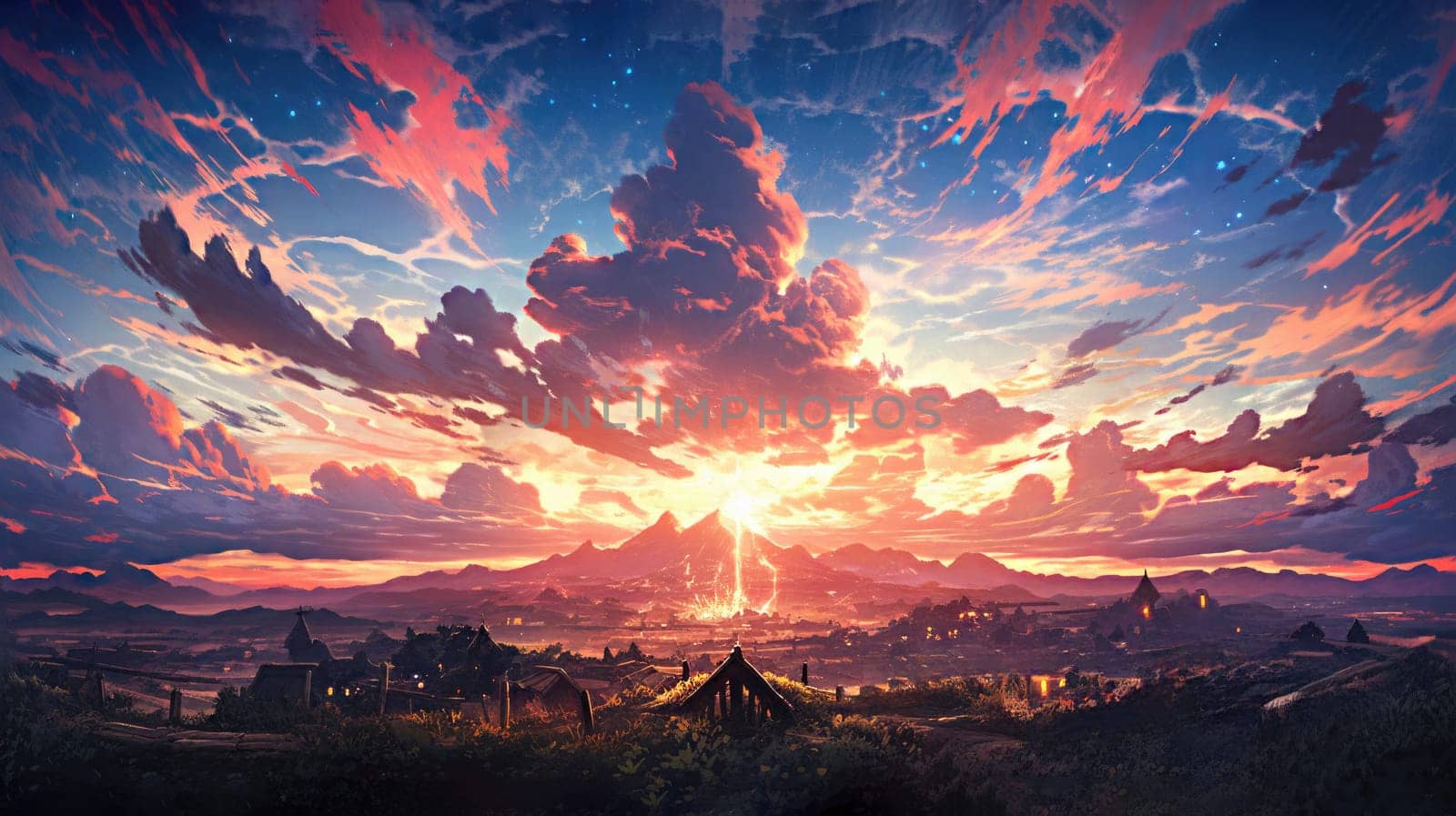 anime concept sky sunset landscape background eclipse, ai