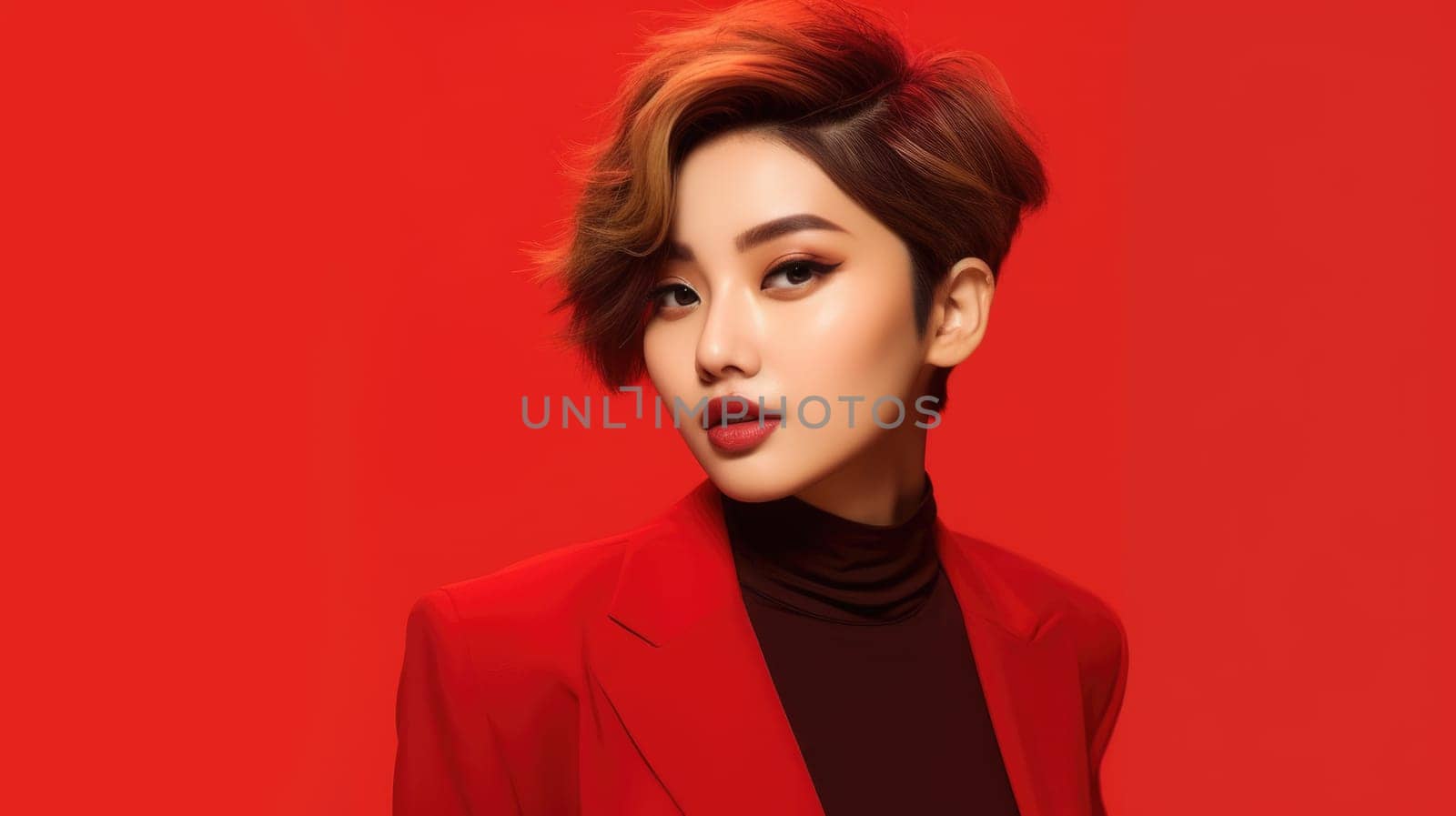 asian woman in business suit with red background, ai