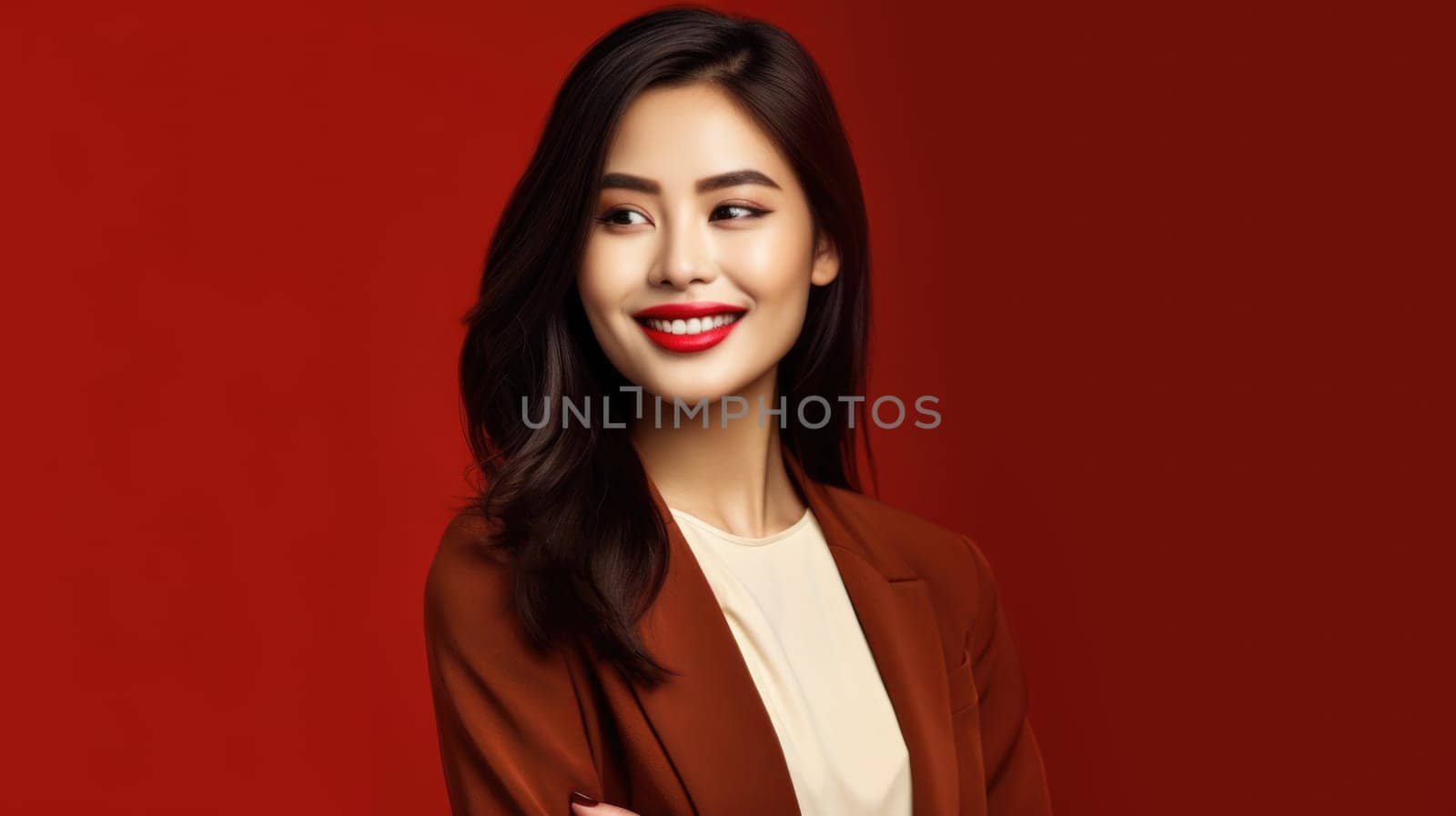 asian woman in business suit with red background, ai