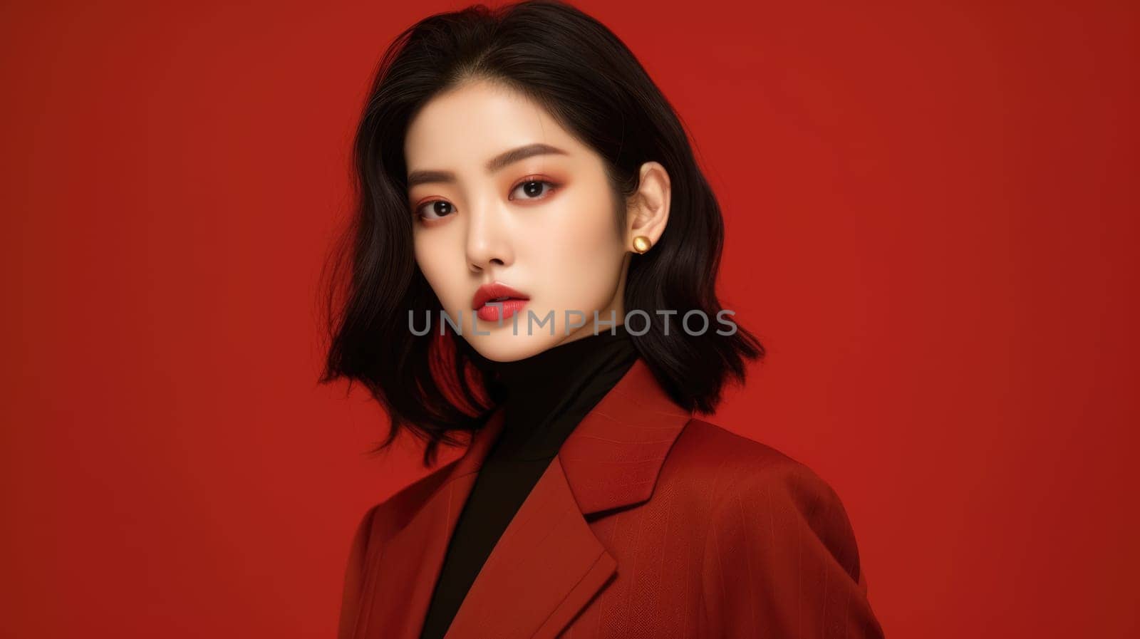 asian woman in business suit with red background, ai
