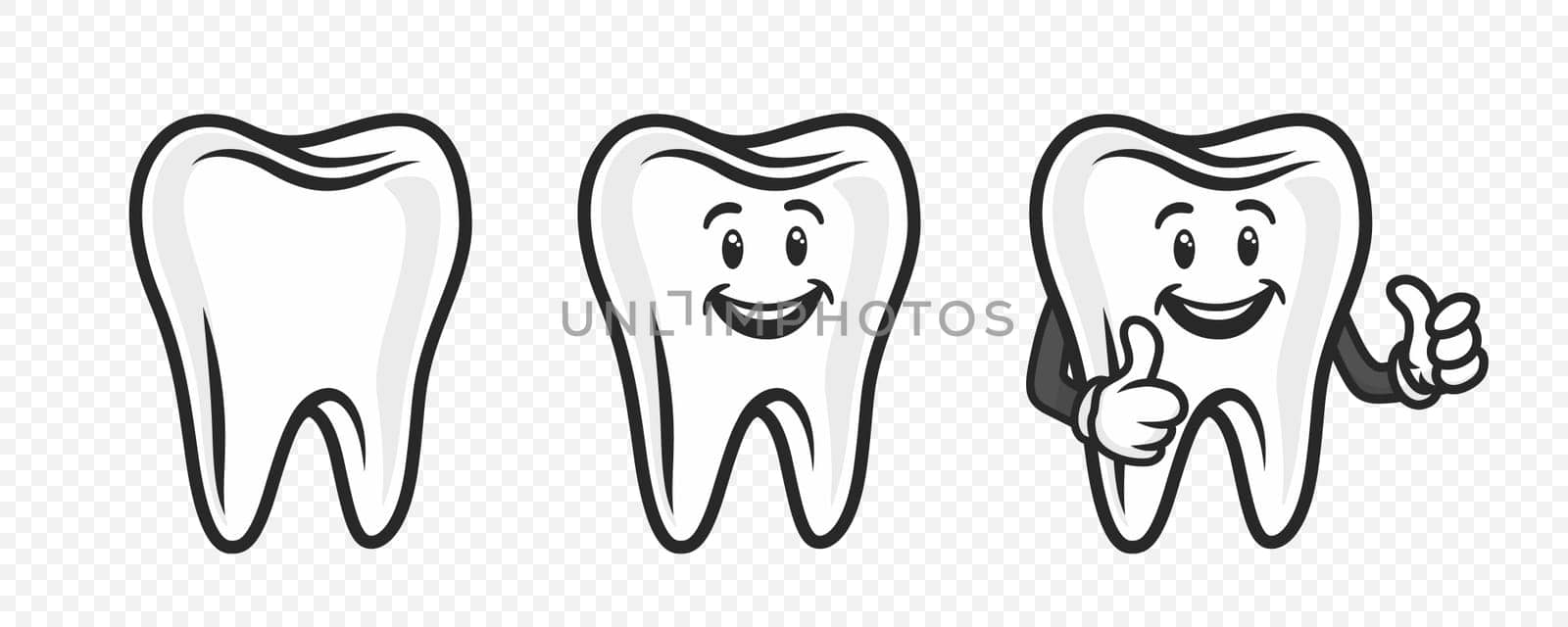 Vector Cute and Friendly Cartoon Tooth Character. Design Template for Promoting Dental Care and Toothpaste. Healthy Oral Hygiene Concept. The Smiling Tooth Character Showing Hand Gesture LIKE.
