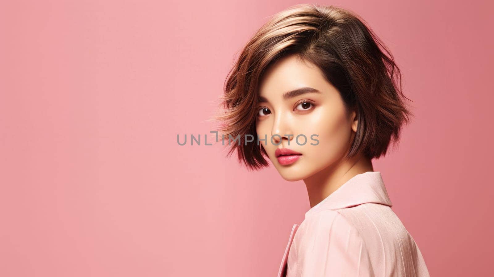asian woman in business suit with pink background, ai