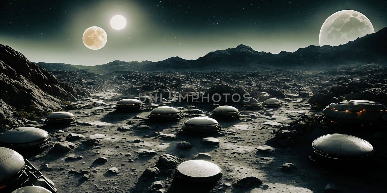 Welcome to the lunar colony, modular habitats, solar panels, lunar rovers exploring the rugged terrain. Star-filled skies mesmerize above.