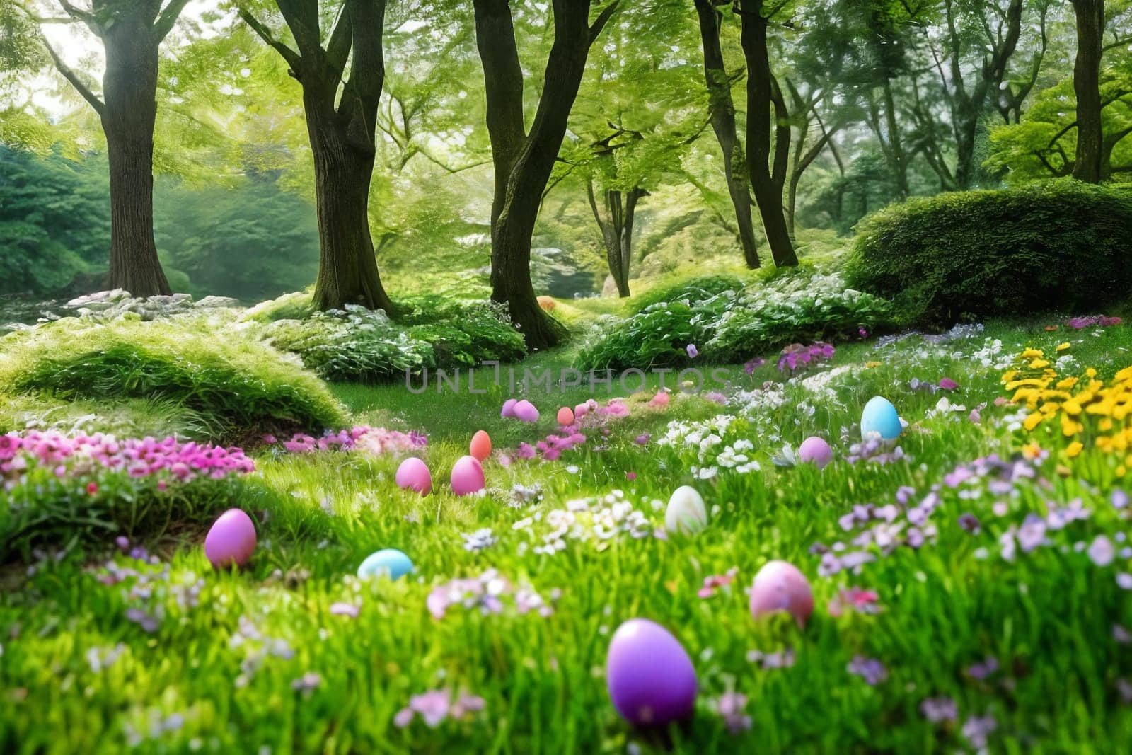 Easter Egg Hunt. A whimsical scene of hidden Easter eggs nestled among lush green grass, blooming flowers, and scattered foliage, creating a sense of excitement and discovery for the viewer.