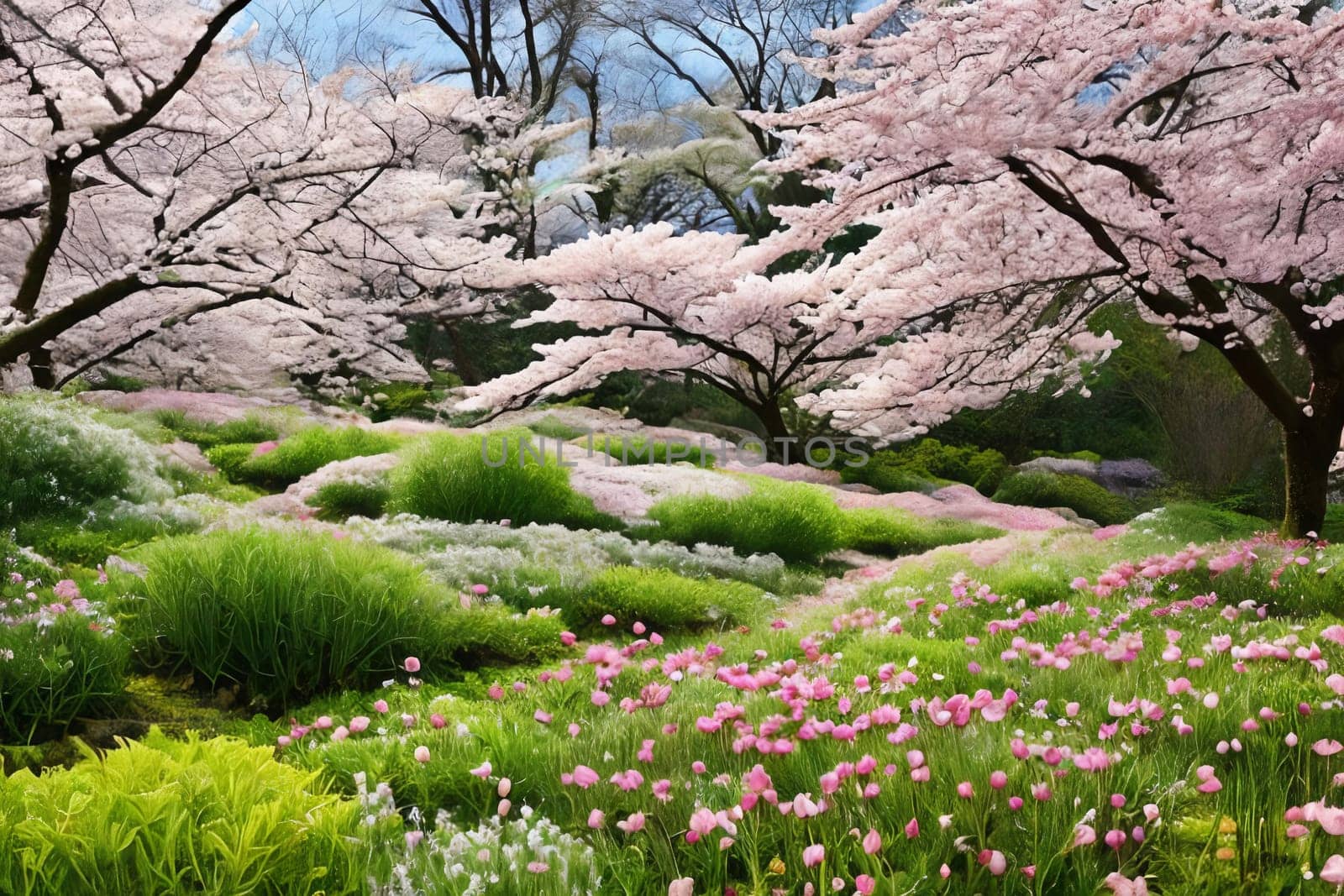 Springtime Botanicals. A collection of botanical elements associated with Easter, cherry blossoms, arranged in a harmonious composition that celebrates the beauty of nature's seasonal renewal.