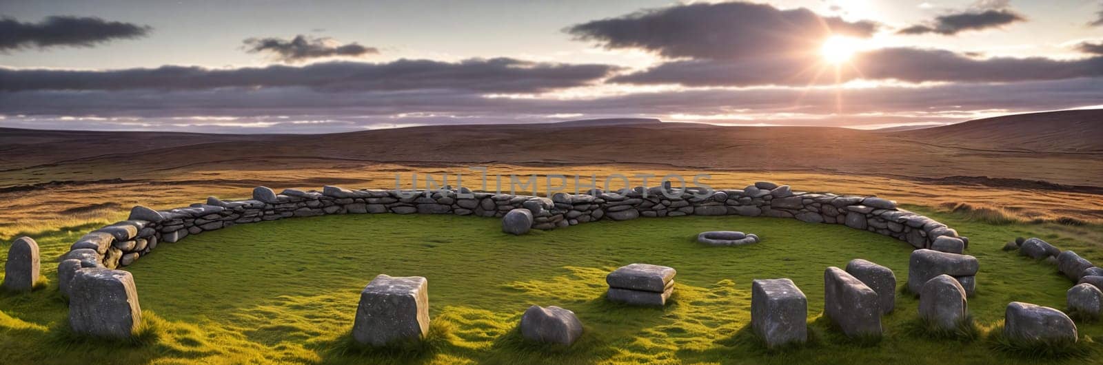 A mysterious and ancient stone circle nestled in a remote moorland, with the setting sun casting long shadows over the weathered monoliths