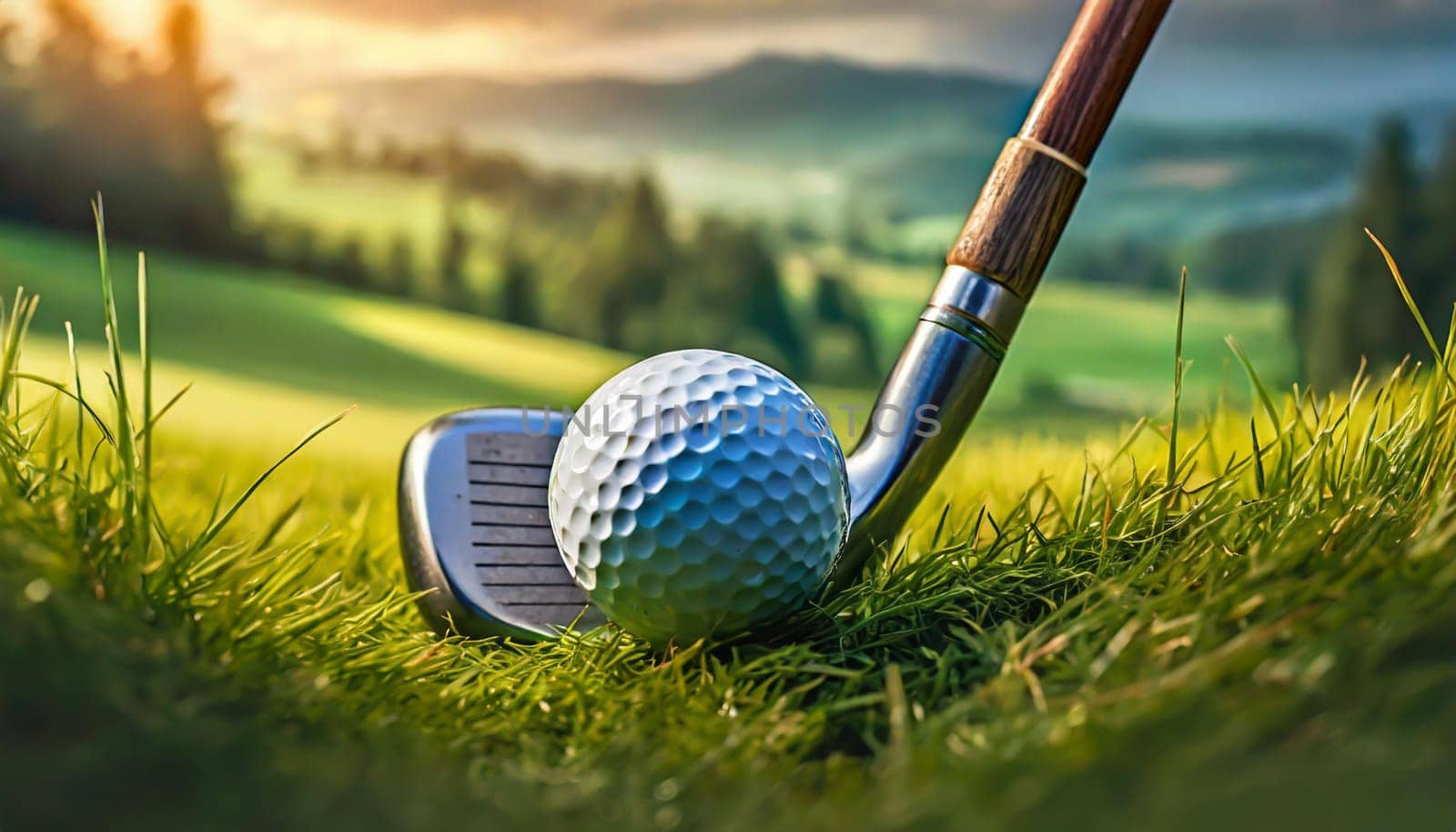 close up golf club and golf ball on green grass with sunrise background