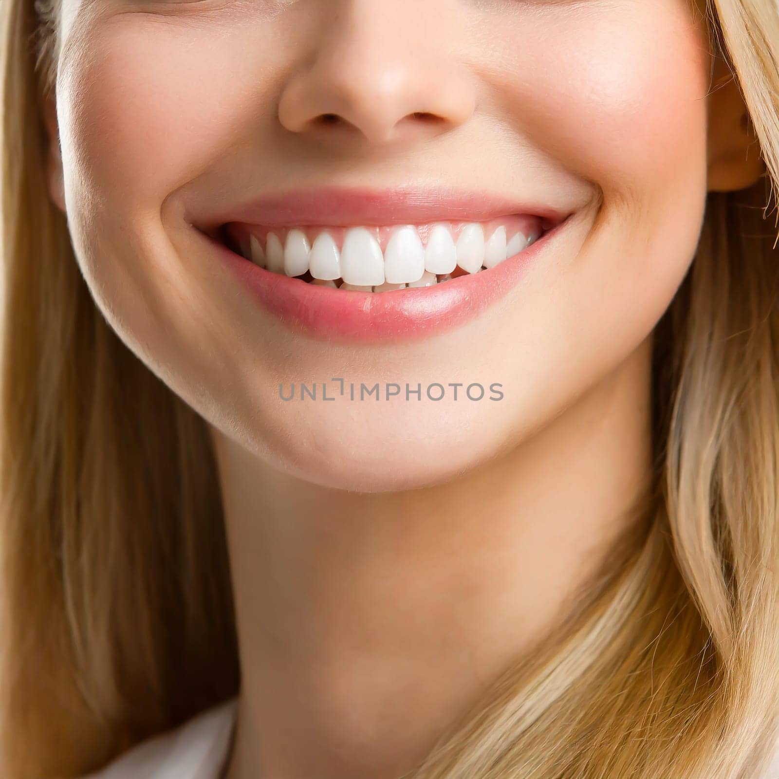 Dental health concept: woman smiling close up. Isolated on white.