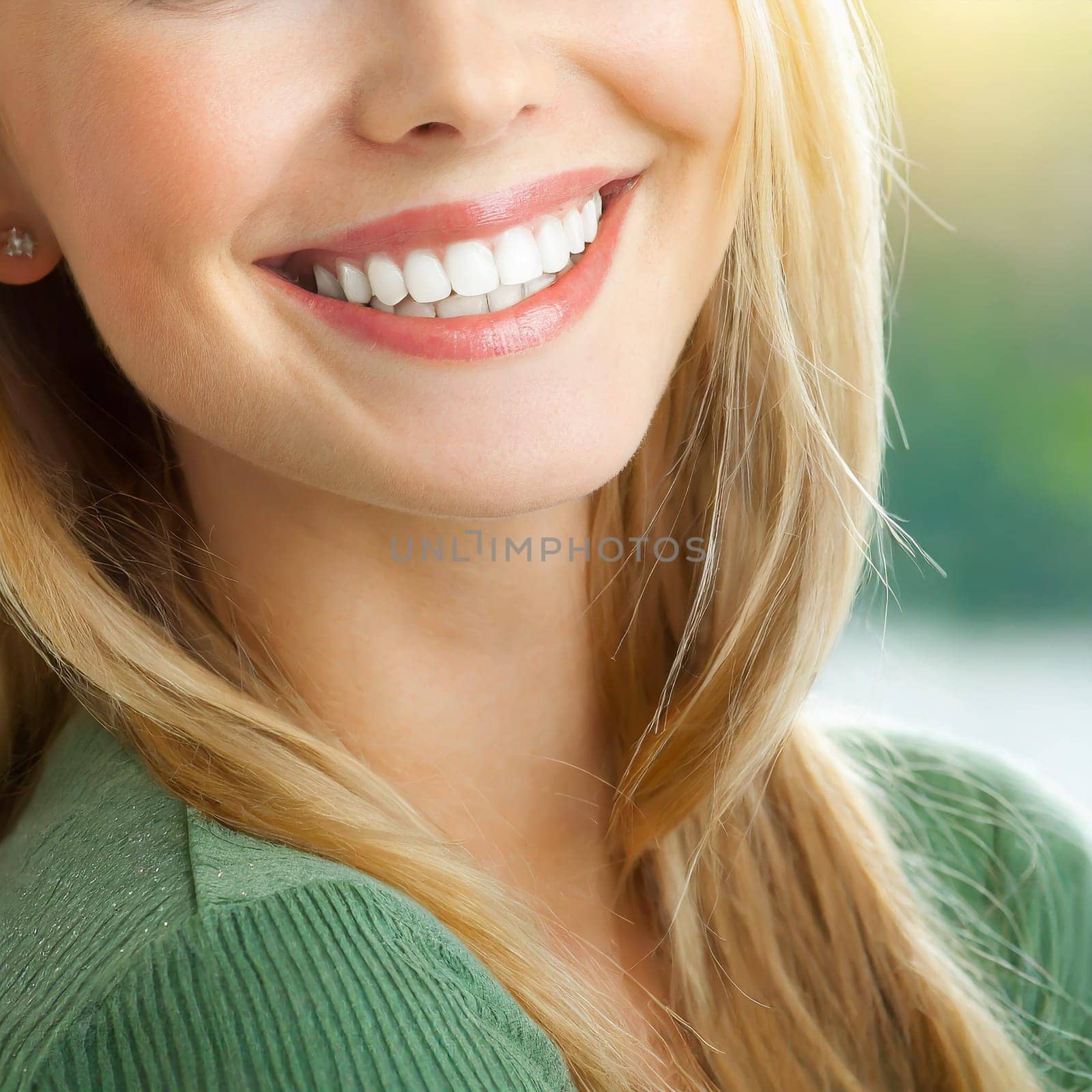 Close Up of Smiling Woman Mouth with Healthy, Beautiful, White Teeth. Dental Clinic Concept.