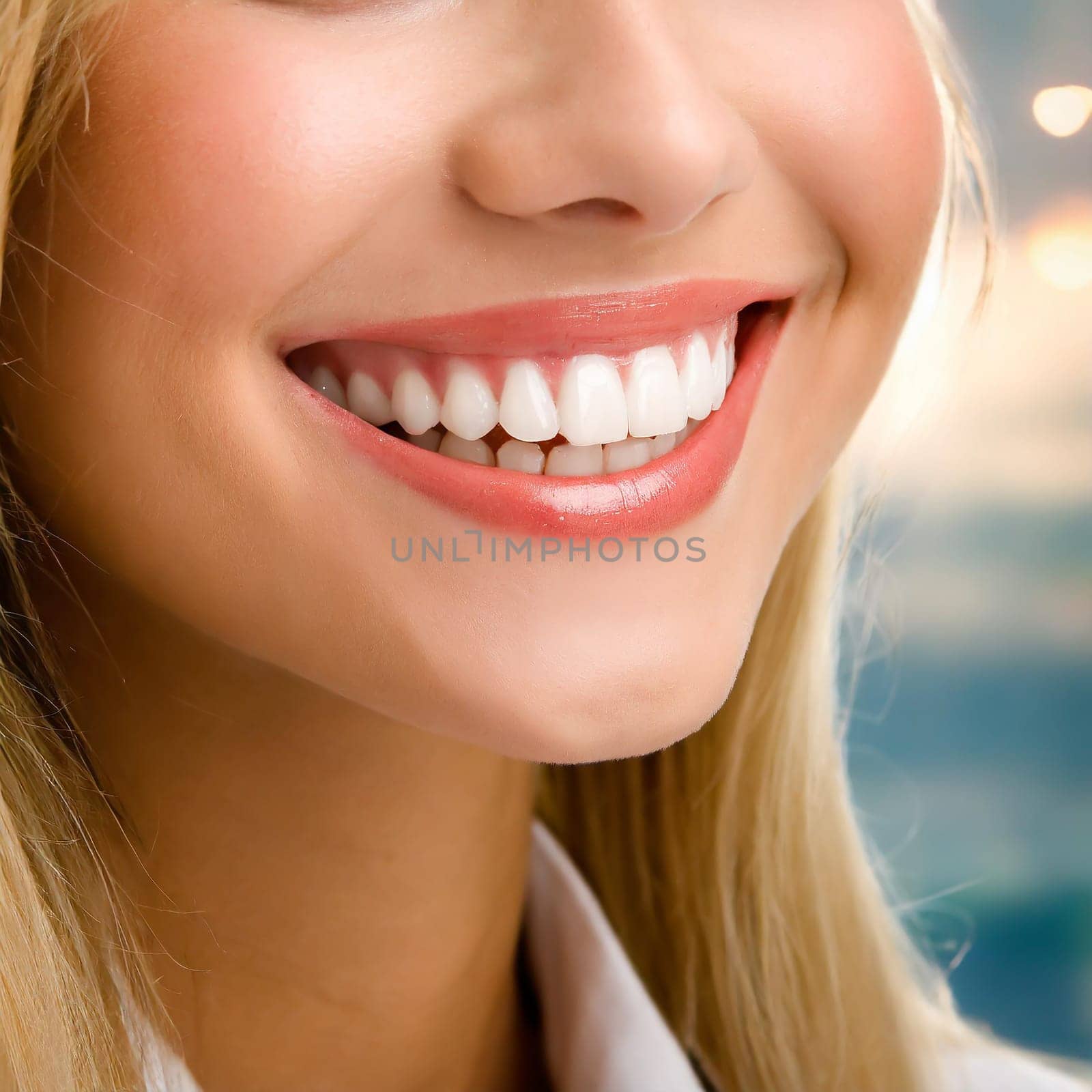 Dental health concept: woman smiling close up. Isolated on white.