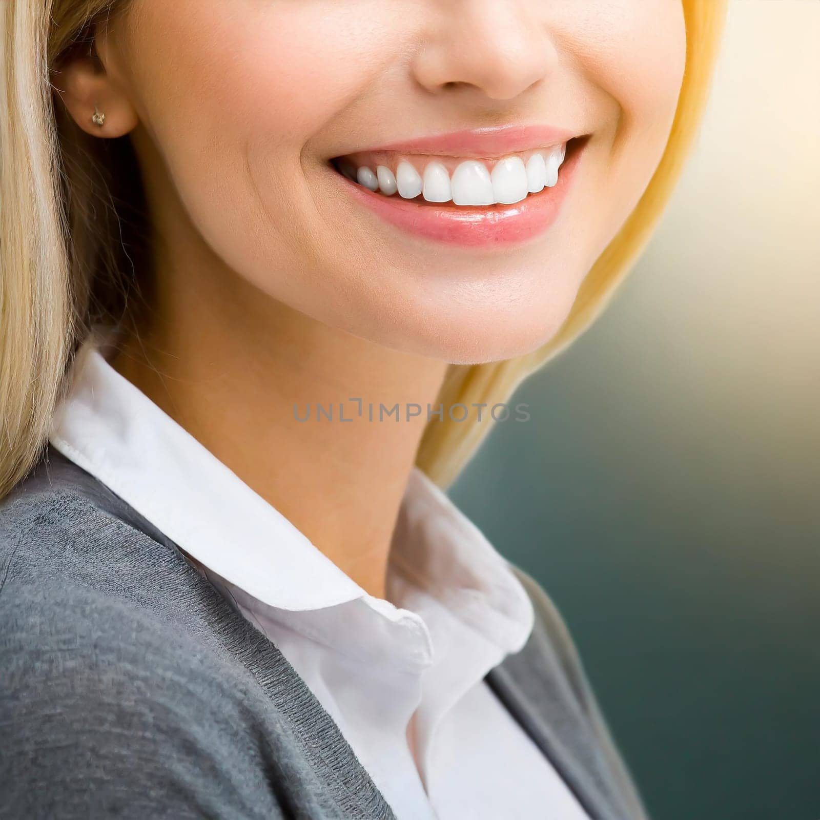Dental health concept: woman smiling close up. Isolated on white.
