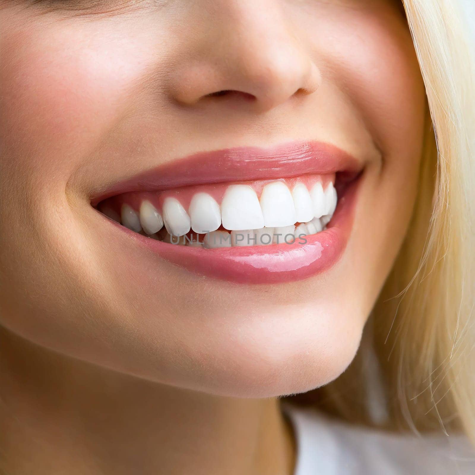 Close Up of Smiling Woman Mouth with Healthy, Beautiful, White Teeth. Dental Clinic Concept.