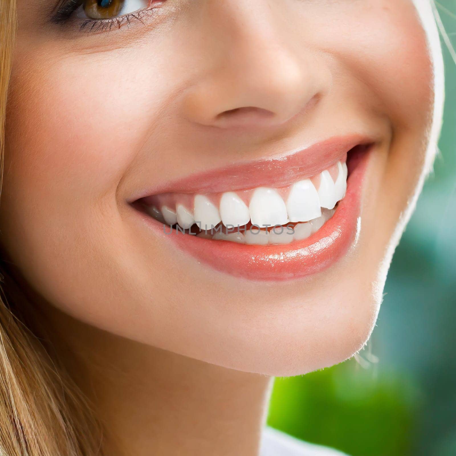 Dental health concept: woman smiling close up. Isolated on white.