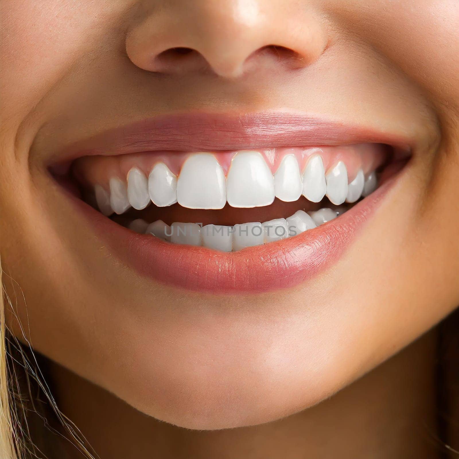 Close Up of Smiling Woman Mouth with Healthy, Beautiful, White Teeth. Dental Clinic Concept.
