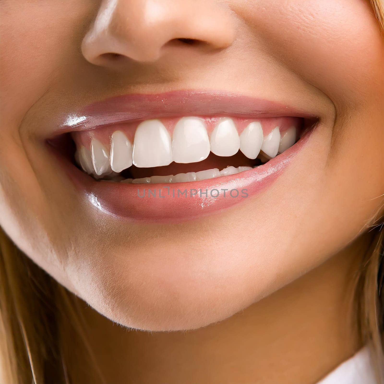Dental health concept: woman smiling close up. Isolated on white.
