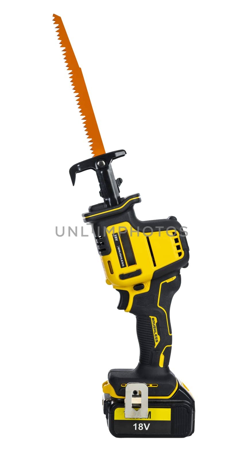 Modern 18v cordless reciprocating saw with an orange blade, isolated on a transparent background