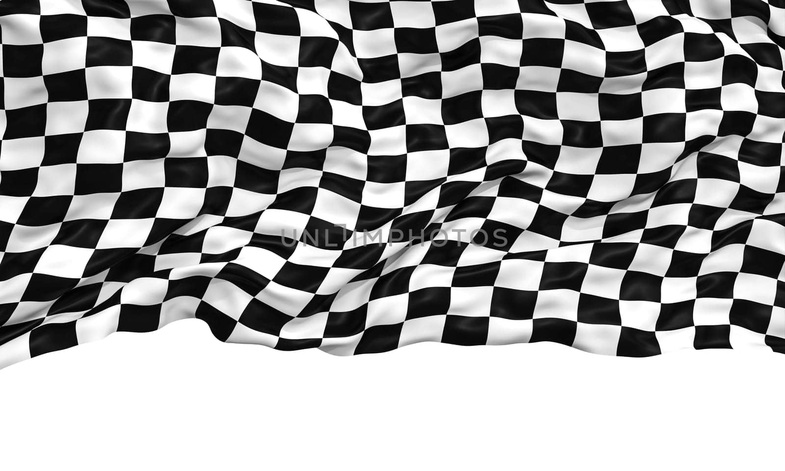 Abstract black and white checkered flag pattern waving in motion on a rippling background. 3d render