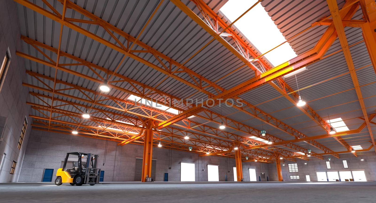Spacious empty warehouse with orange steel beams and forklift under natural light. 3d render