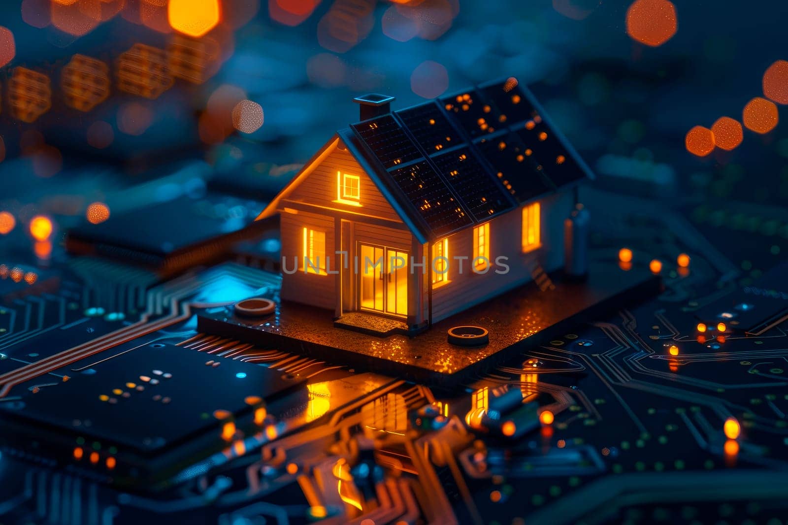 Miniature simple house with rooftop solar panels on electronic circuit board. Smart home concept. AI generated