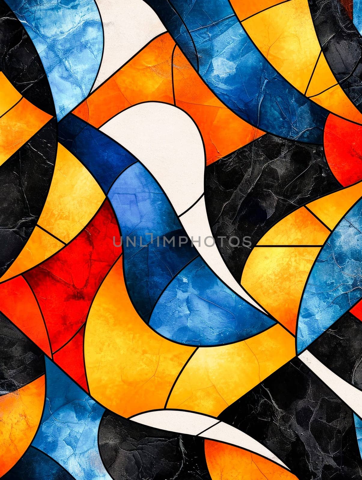Abstract Color Dynamics. Stained glass style abstract with intertwining colorful shapes.decorative backgrounds or creative design elements.