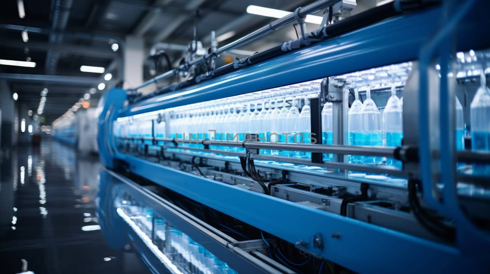 Inside view of an industrial bottling plant with rows of blue liquid bottles on a conveyor system.