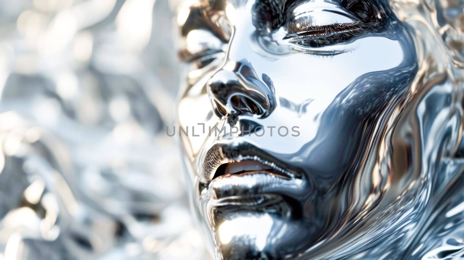 Reflective Chrome Portrait. A close-up of a reflective, chrome-like face sculpture with a blurred background.
