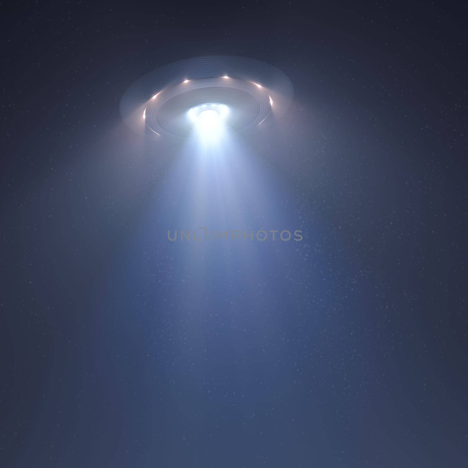 Unidentified flying object at night with fog and a light below, supposed tractor beam. 3D illustration.