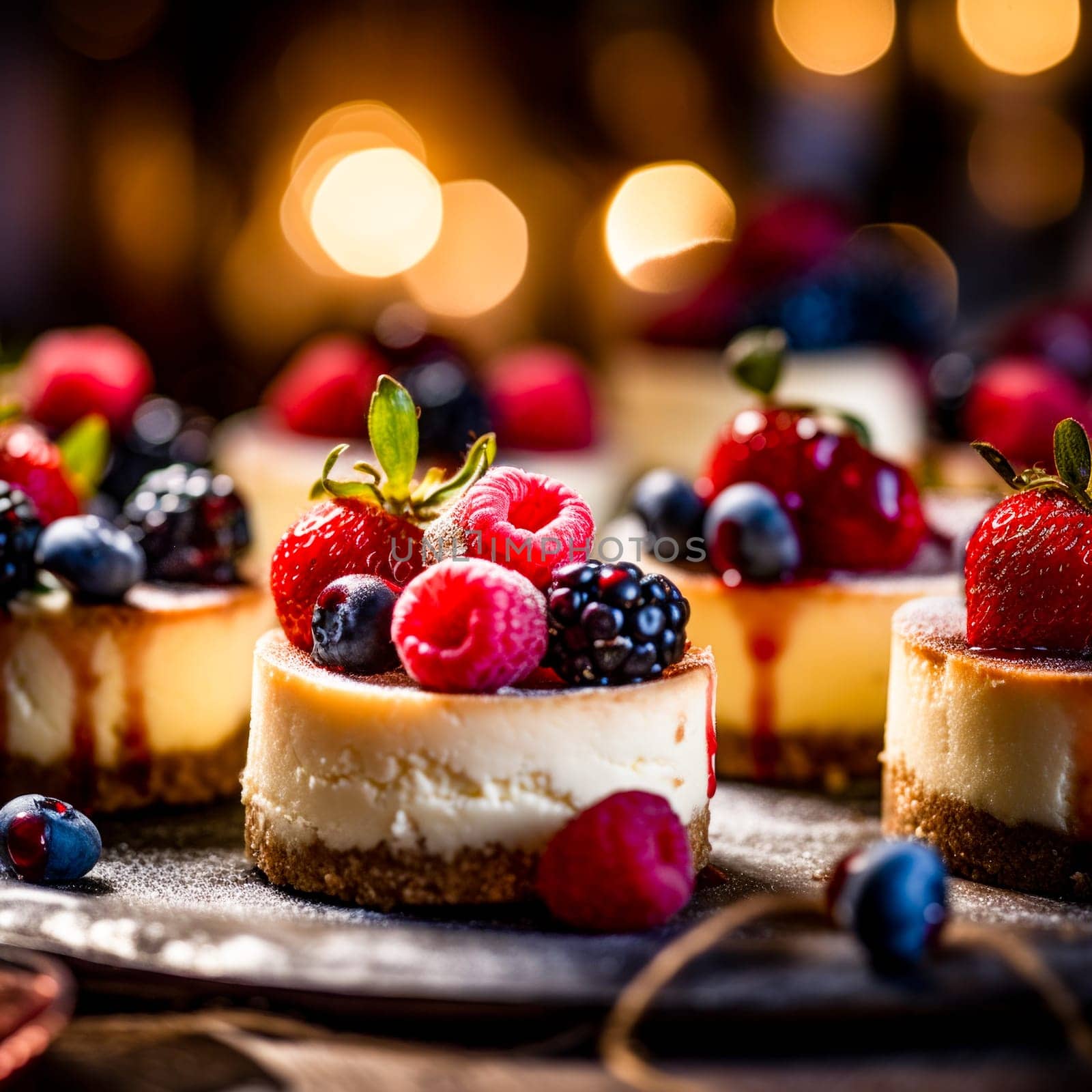 Gourmet mini cheesecakes with fresh berries against a bokeh backdrop.