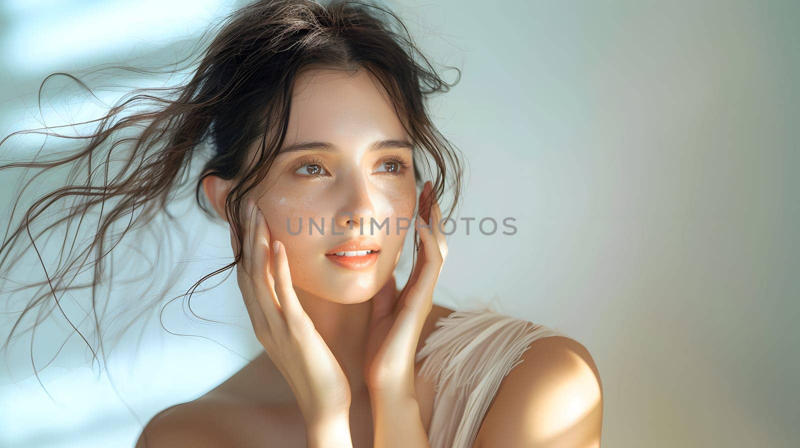 Illustration of a close-up photo of a beautiful young woman's face with good skin posing as a model selling skin care cosmetics. Can be used as an idea for models to pose for advertising shoots.