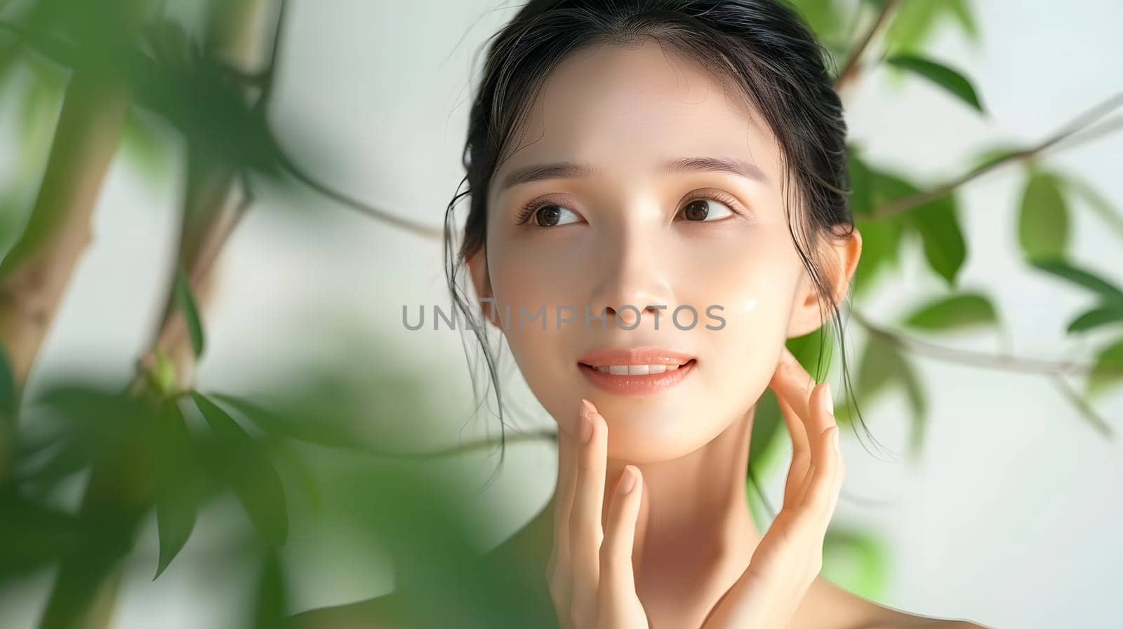 Illustration of a close-up photo of a beautiful young woman's face with good skin posing as a model selling skin care cosmetics. Can be used as an idea for models to pose for advertising shoots.