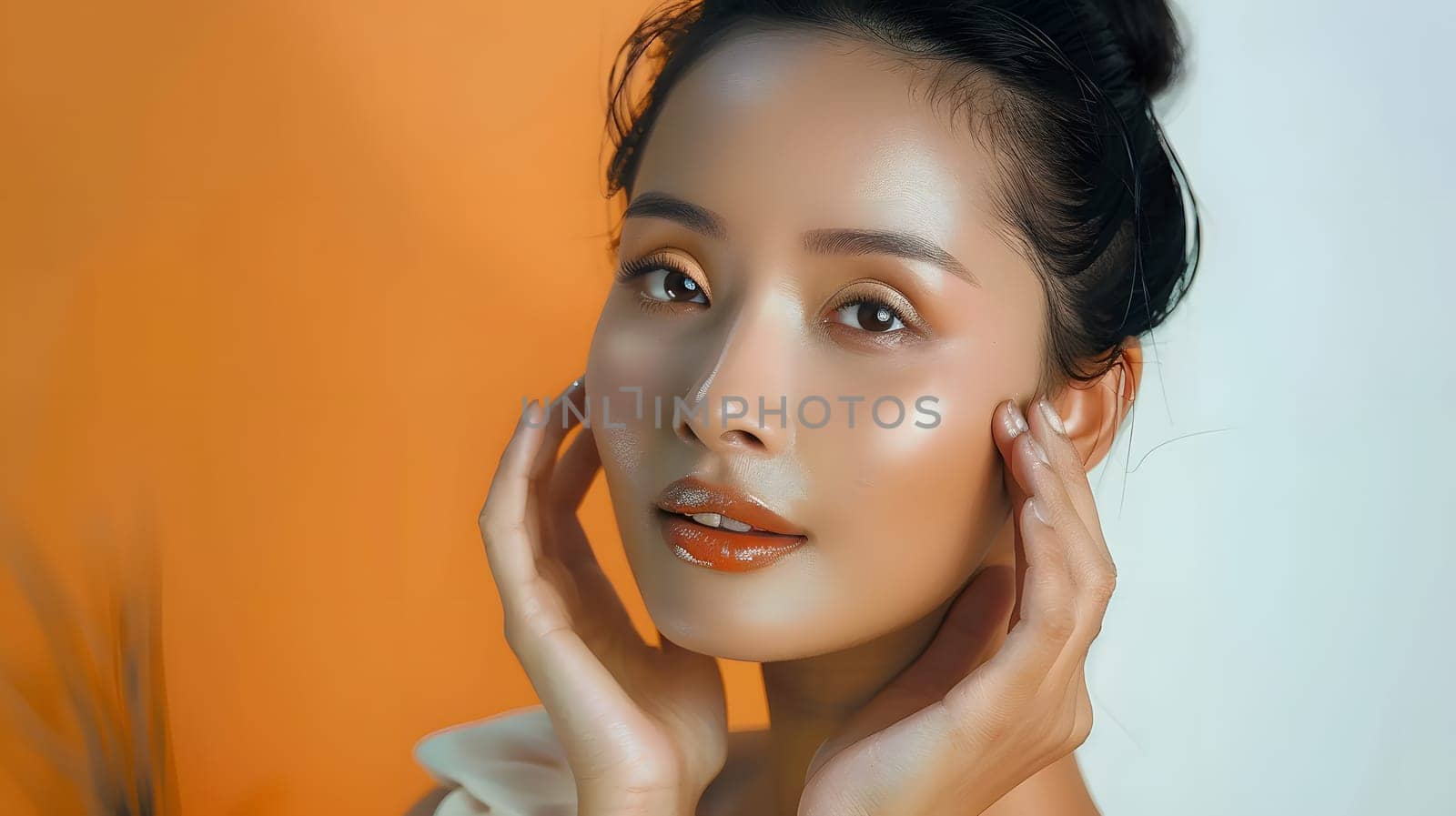 Illustration of a close-up photo of a beautiful young woman's face with good skin posing as a model selling skin care cosmetics. Can be used as an idea for models to pose for advertising shoots.