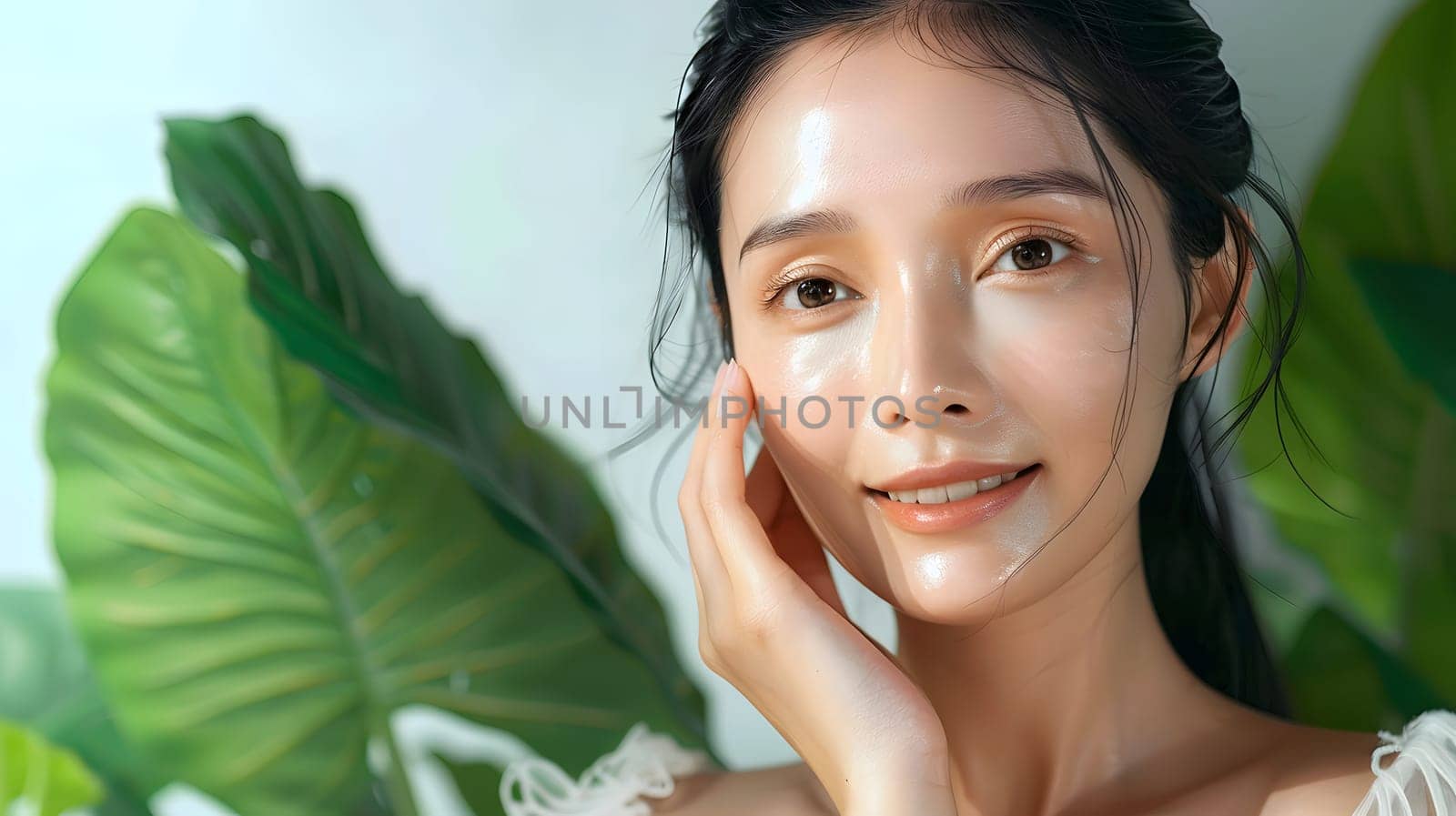 Illustration of a close-up photo of a beautiful young woman's face with good skin posing as a model selling skin care cosmetics. Can be used as an idea for models to pose for advertising shoots.
