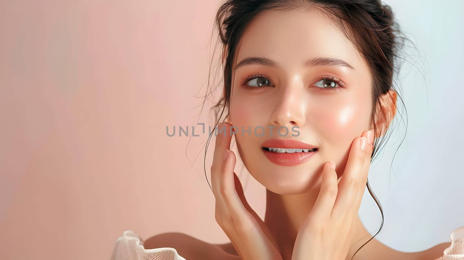 Illustration of a close-up photo of a beautiful young woman's face with good skin posing as a model selling skin care cosmetics. Can be used as an idea for models to pose for advertising shoots.