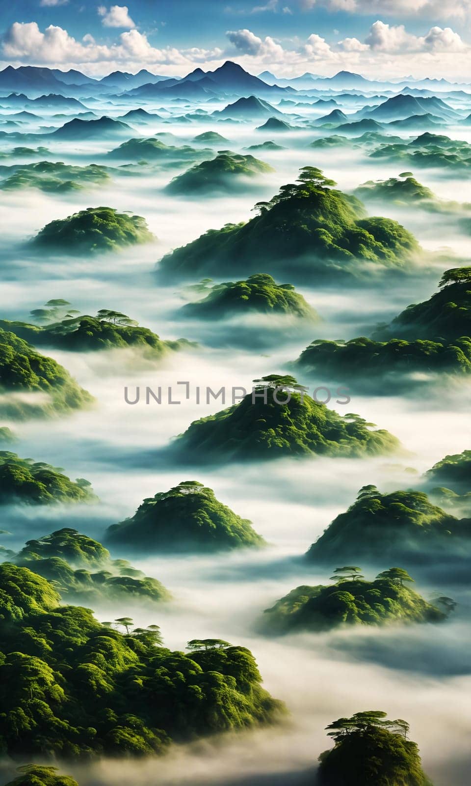 Floating Isles. Above a sea of clouds, islands drift like dreamscapes. Each is a miniature world, lush forests, waterfalls, and floating gardens. The sky holds its breath, and rainbows weave through the mist.
