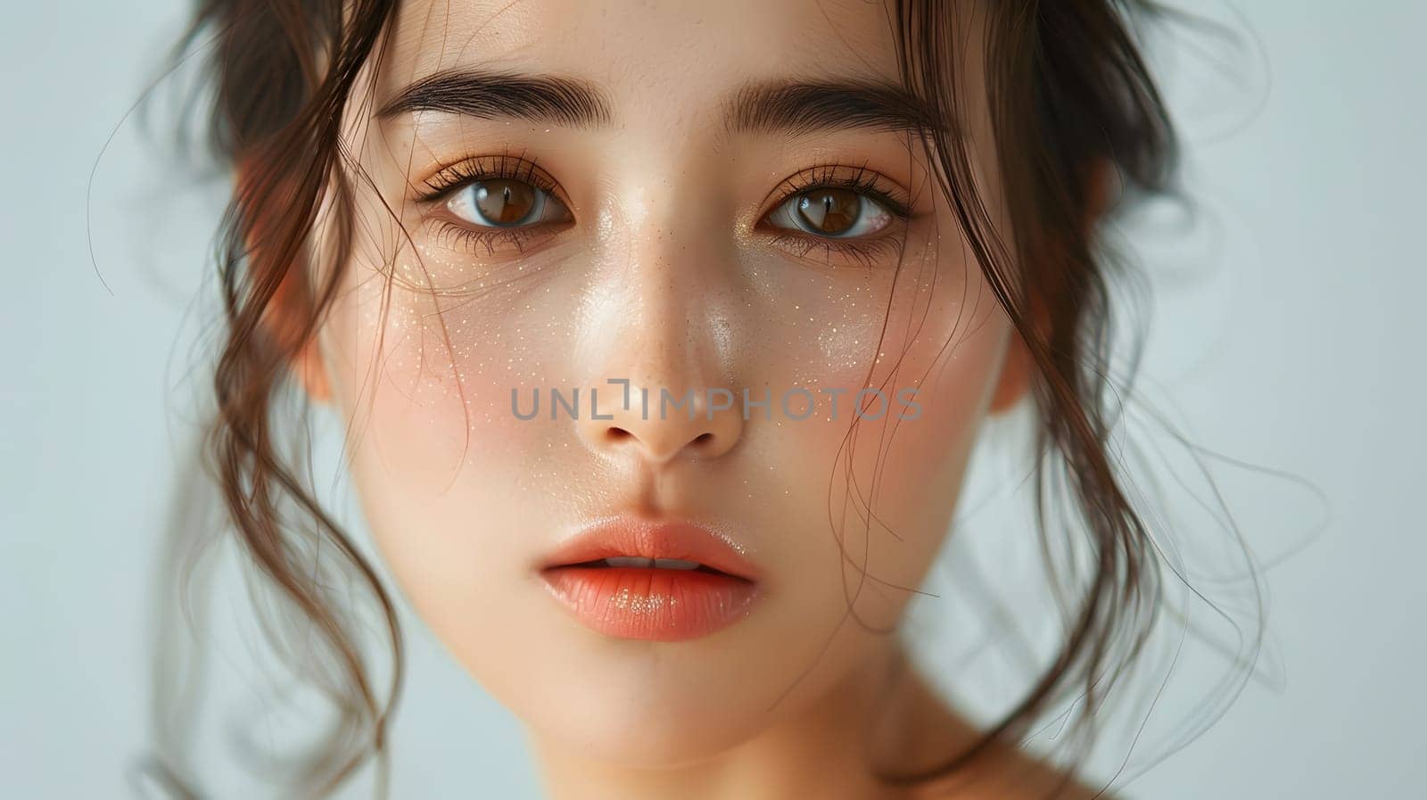 Illustration of a close-up photo of a beautiful young woman's face with good skin posing as a model selling skin care cosmetics. Can be used as an idea for models to pose for advertising shoots.