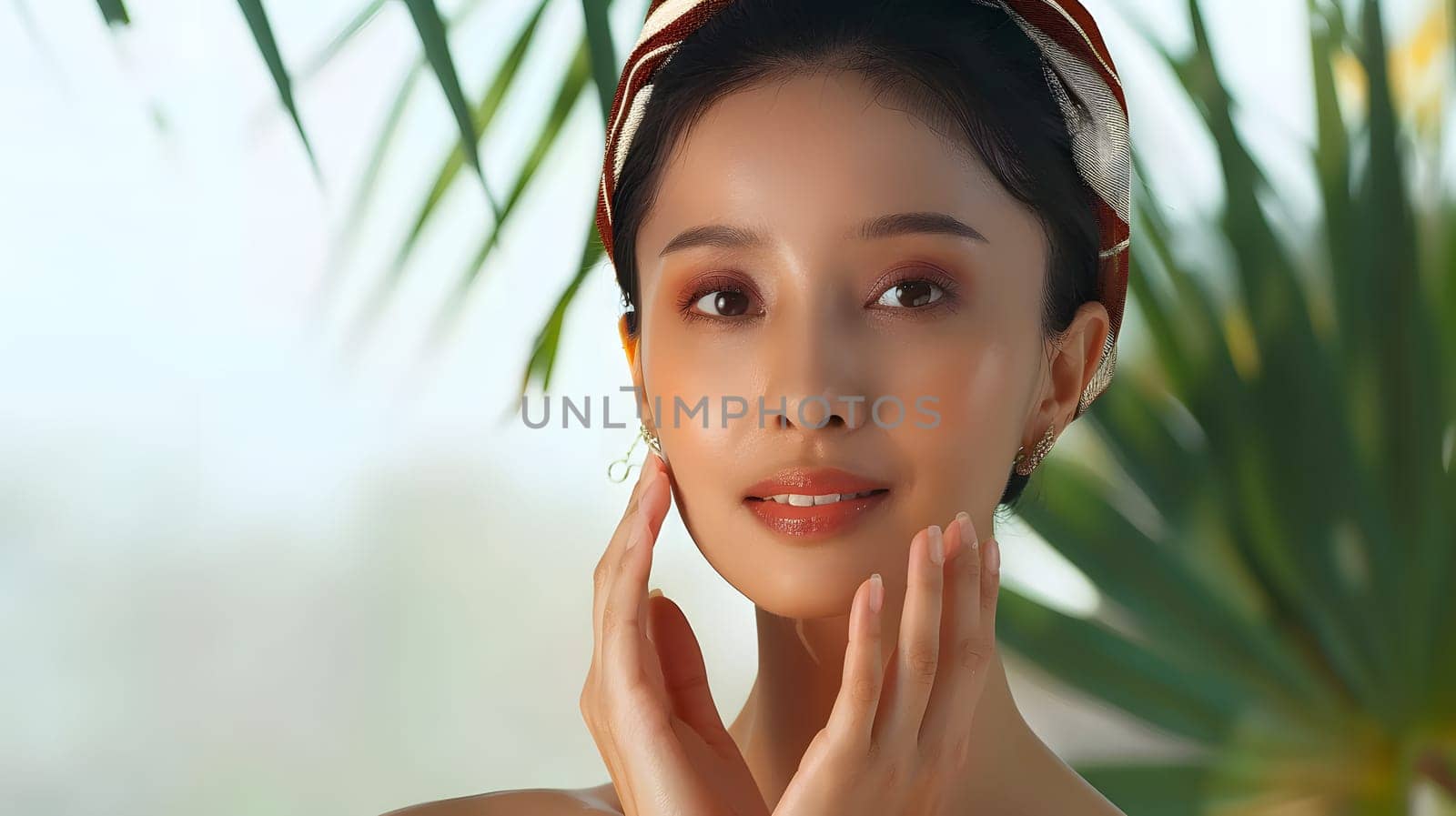 Illustration of a close-up photo of a beautiful young woman's face with good skin posing as a model selling skin care cosmetics. Can be used as an idea for models to pose for advertising shoots.
