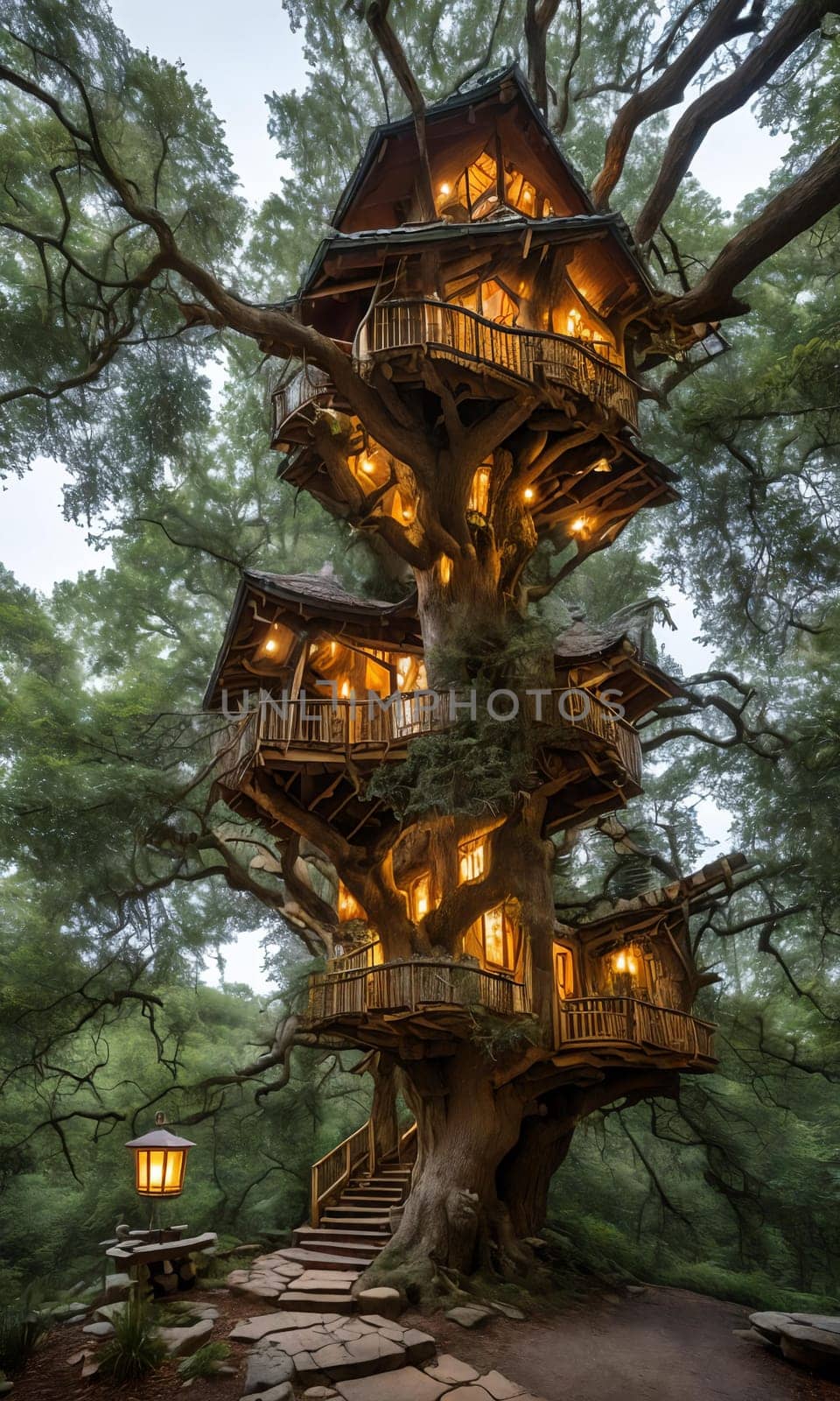 Whimsical Treehouse. High in the branches of an ancient oak, a cozy treehouse awaits. Lanterns hang from twisted limbs, and a rope ladder leads to the door. The sense of adventure and seclusion.